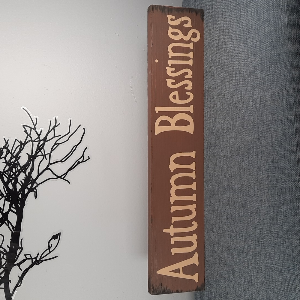 Solid Wood Shelf Sitter Sign Rustic Autumn Blessings Thanksgiving Fall Home
